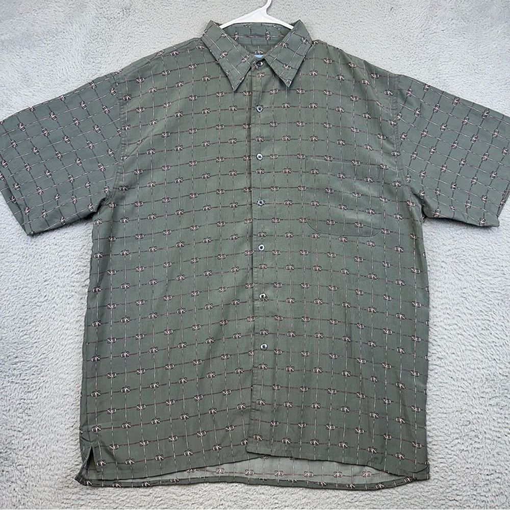 Old Skool Shirt Mens Large Short Sleeve Button Up OS Allover Print Plaid Green